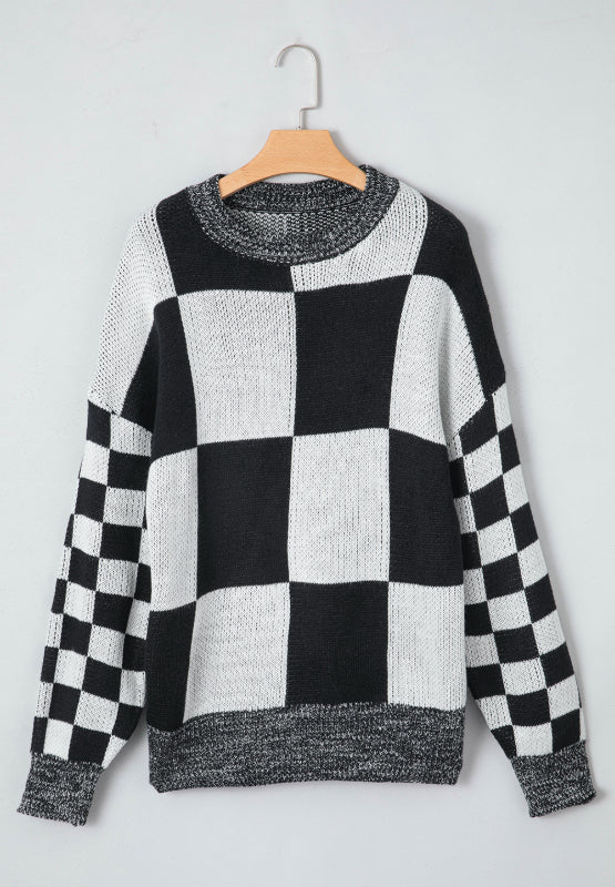 Checkered Round Neck Drop Shoulder Sweater 