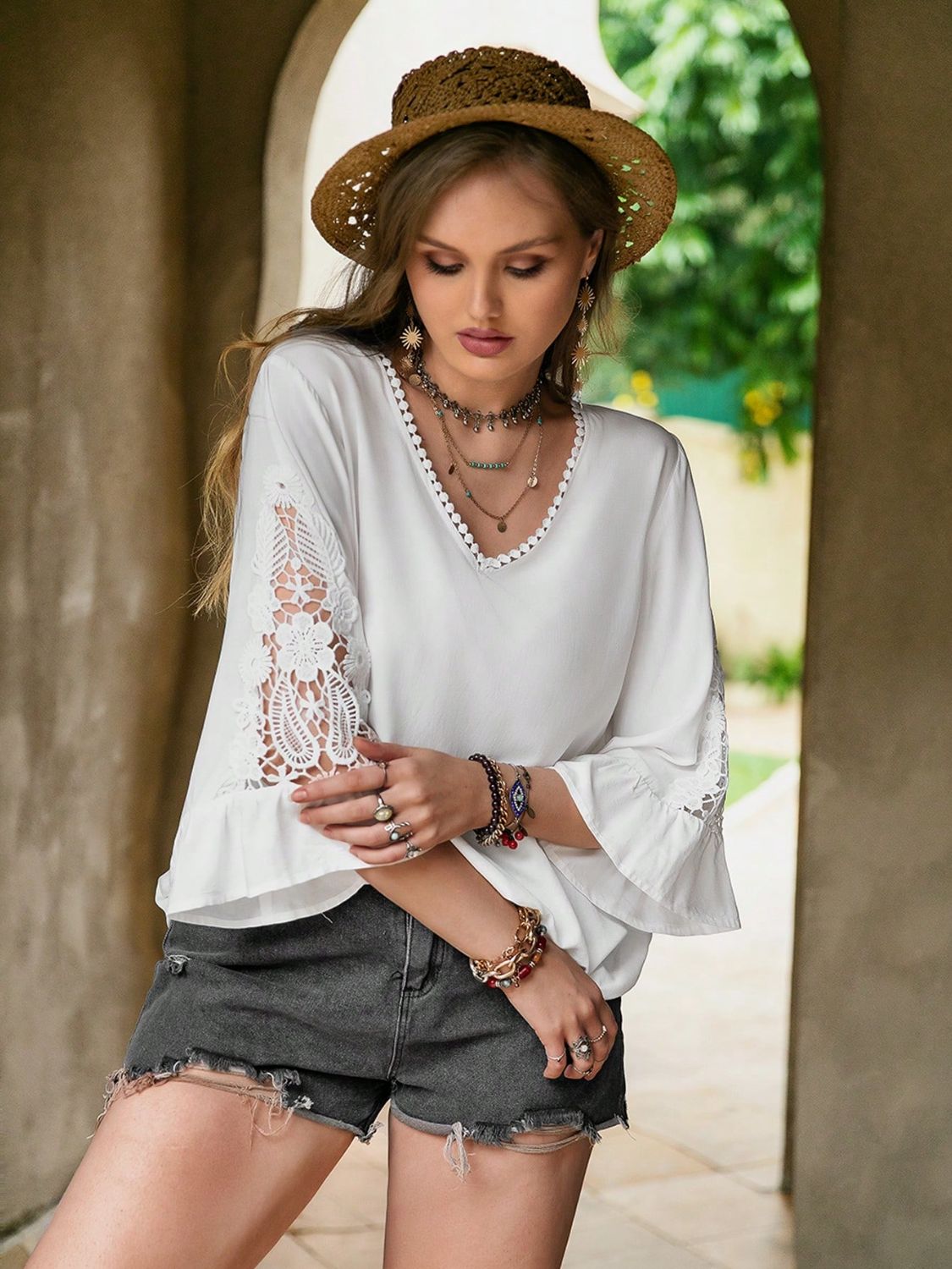 Plus Size Lace Detail V-Neck Three-Quarter Sleeve Blouse 