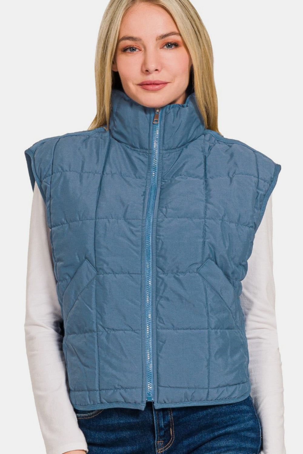 Zenana Zip Up Cropped Puffer Vest with Pockets 