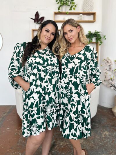 Double Take Full Size Printed Ruffle Hem Dress with Pocket 