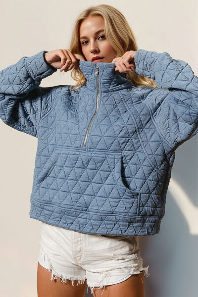 Double Take Half Zip Long Sleeve Quilted Sweatshirt with Pocket 