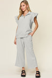 Double Take Texture Ruffle Short Sleeve Top and Drawstring Wide Leg Pants Set 