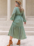 Plus Size Tassel Printed Tie Neck Long Sleeve Midi Dress 
