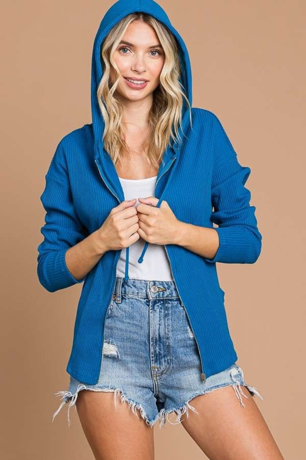 Culture Code Full Size Ribbed Zip Up Drawstring Hooded Jacket 