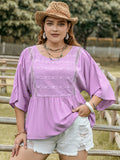 Plus Size Lace Detail Round Neck Three-Quarter Sleeve Blouse 