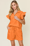 Double Take Full Size Texture Flounce Sleeve Top and Drawstring Shorts Set 