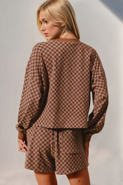 Double Take Checkered Half Button Top and Shorts Set 