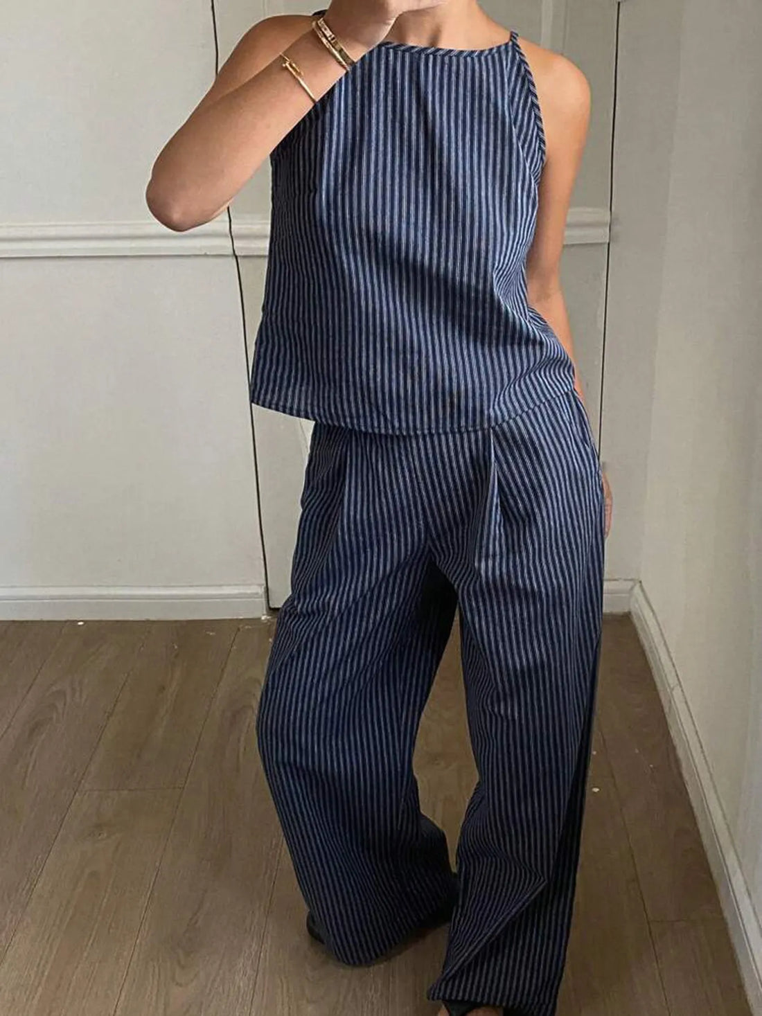 Striped Round Neck Tank and Wide Leg Pants Set Two Piece Dresses