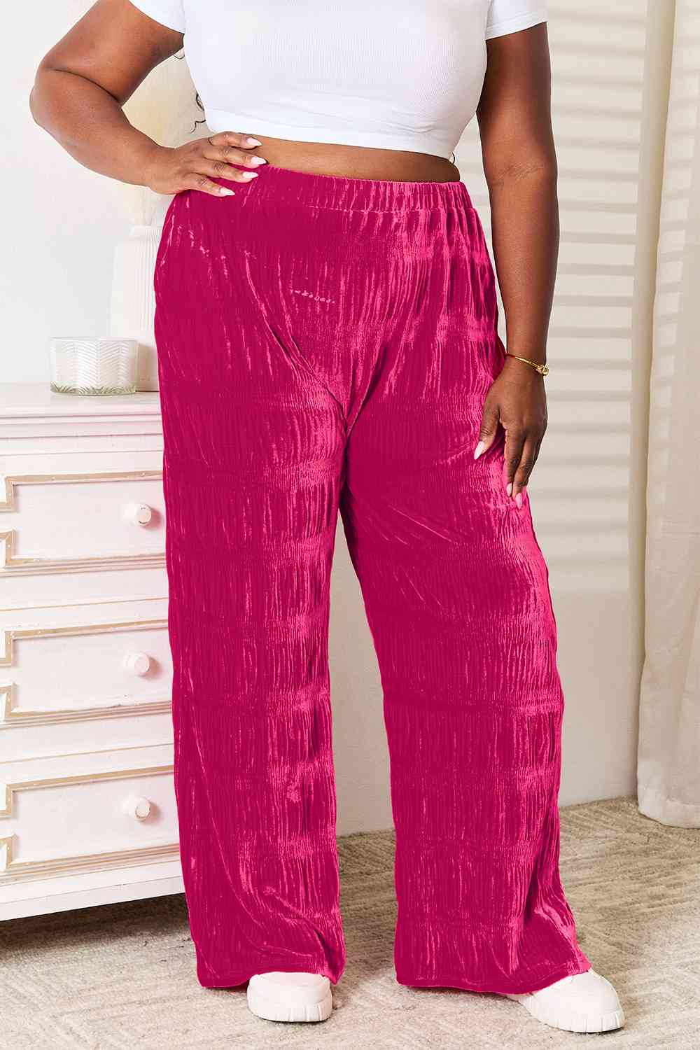 Double Take Full Size High Waist Tiered Shirring Velvet Wide Leg Pants 
