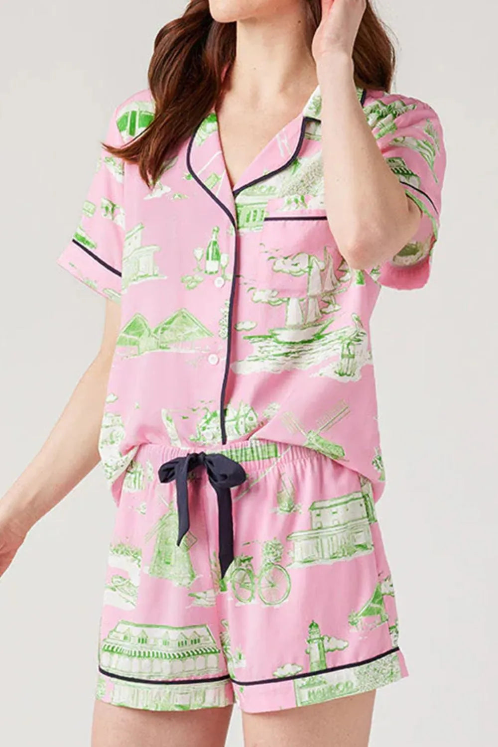 Collared Neck Printed Top and Drawstring Shorts Lounge Set Lingerie & Nightwear