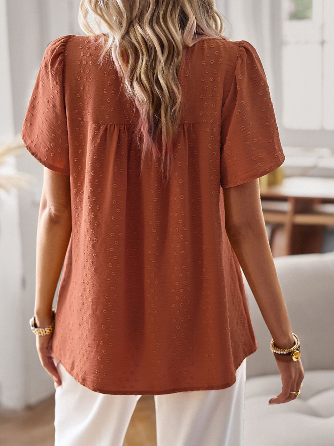 Devine Lace Detail Round Neck Short Sleeve Blouse 