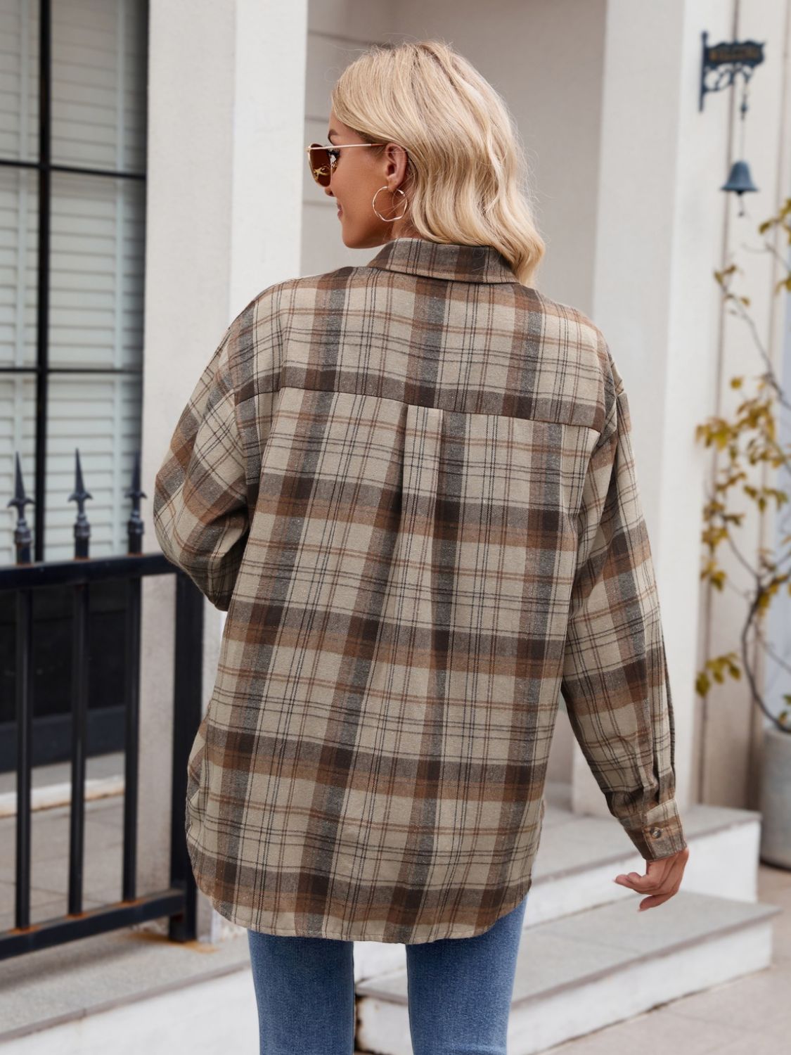 Mandy Pocketed Plaid Collared Neck Long Sleeve Shirt 