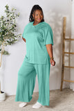 Double Take Full Size Round Neck Slit Top and Pants Set 