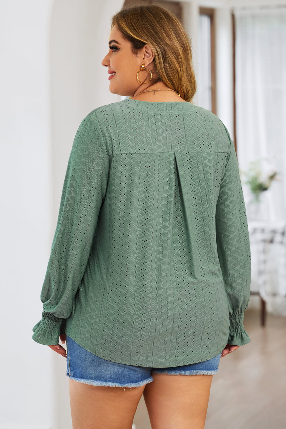 Plus Size Eyelet Notched Flounce Sleeve Blouse 