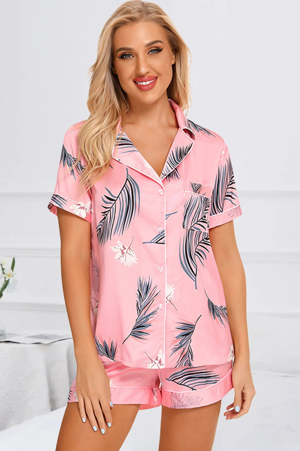Printed Button Up Short Sleeve Top and Shorts Lounge Set Lingerie & Nightwear
