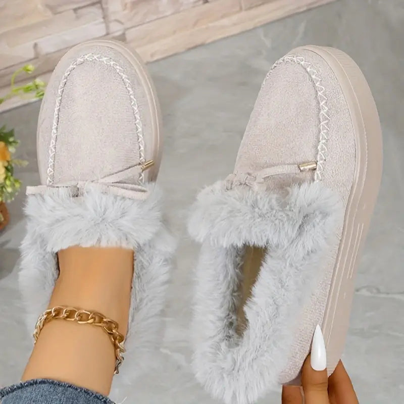 Bow Furry Round Toe Flat Slip-Ons 