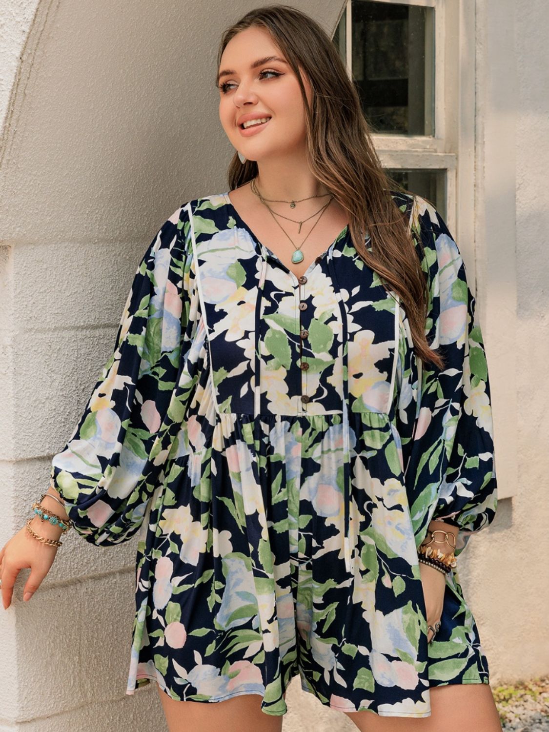 Plus Size Tied Printed Long Sleeve Romper 