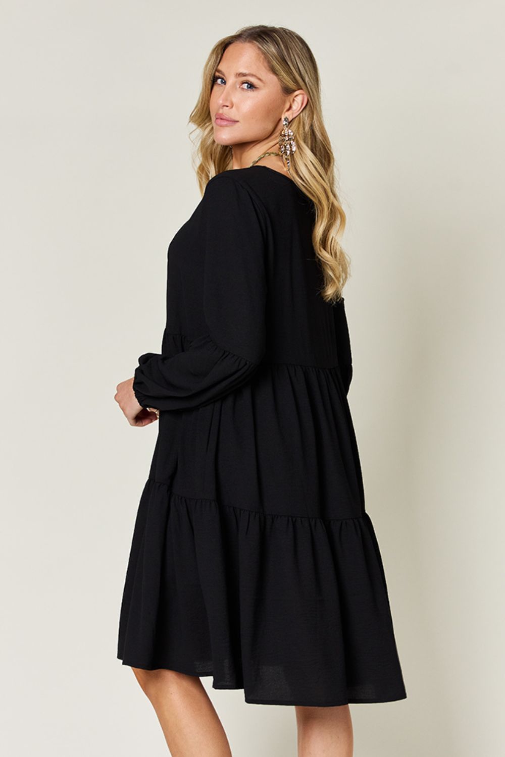 Double Take Full Size V-Neck Balloon Sleeve Tiered Dress with Pockets 