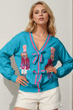 Double Take Full Size Nutcracker Sequin Bow Decor Cardigan 