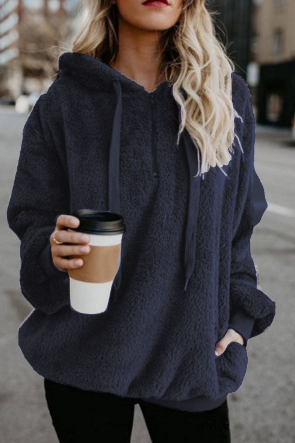 Full Size Quarter-Zip Drawstring Teddy Hoodie 