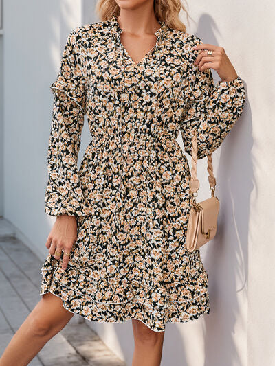 Perfee Printed Tie Neck Long Sleeve Mini Dress Dresses