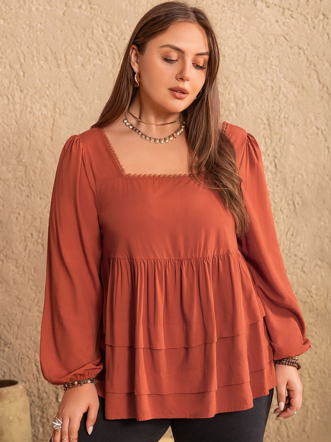 Plus Size Lace Detail Square Neck Long Sleeve Blouse 