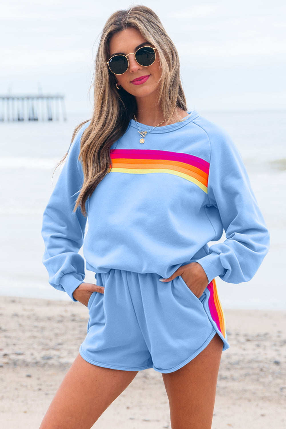 Beau Blue Striped Accent Pullover and Shorts Two Piece Casual Set Two Piece Sets/Short Sets