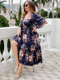 Honey Plus Size Floral Surplice Neck Midi Dress 