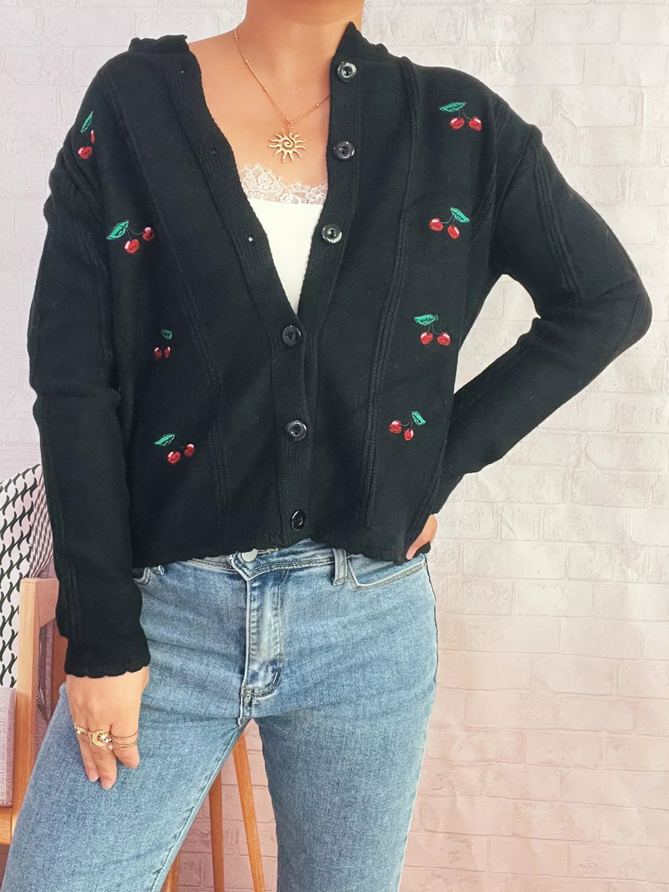 Cherry Embroidered Button Up Cardigan 