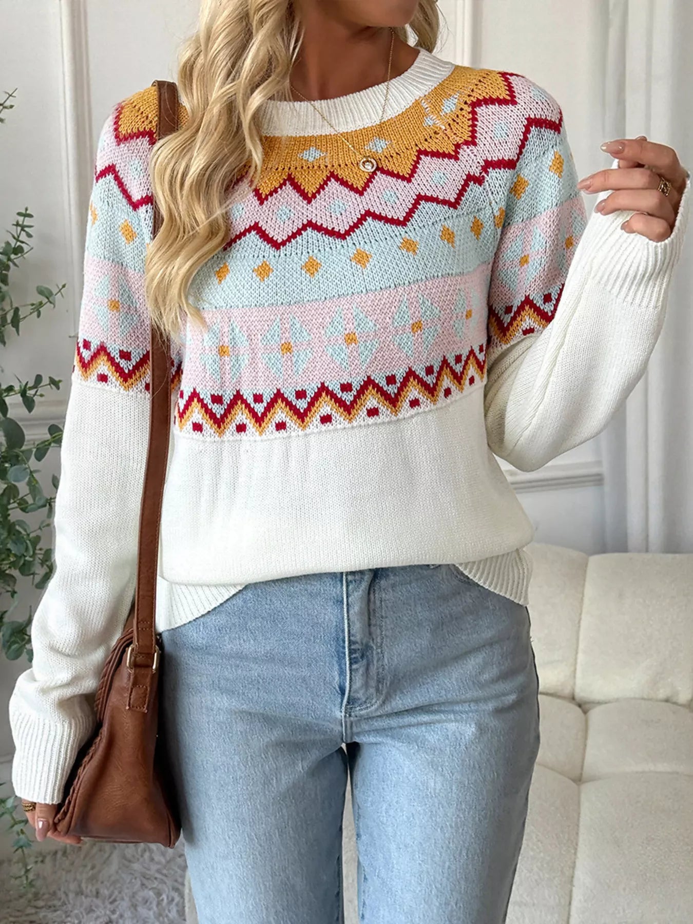 Contrast Round Neck Long Sleeve Sweater 