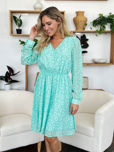 Double Take Full Size Printed Ruched V-Neck Long Sleeve Dress 