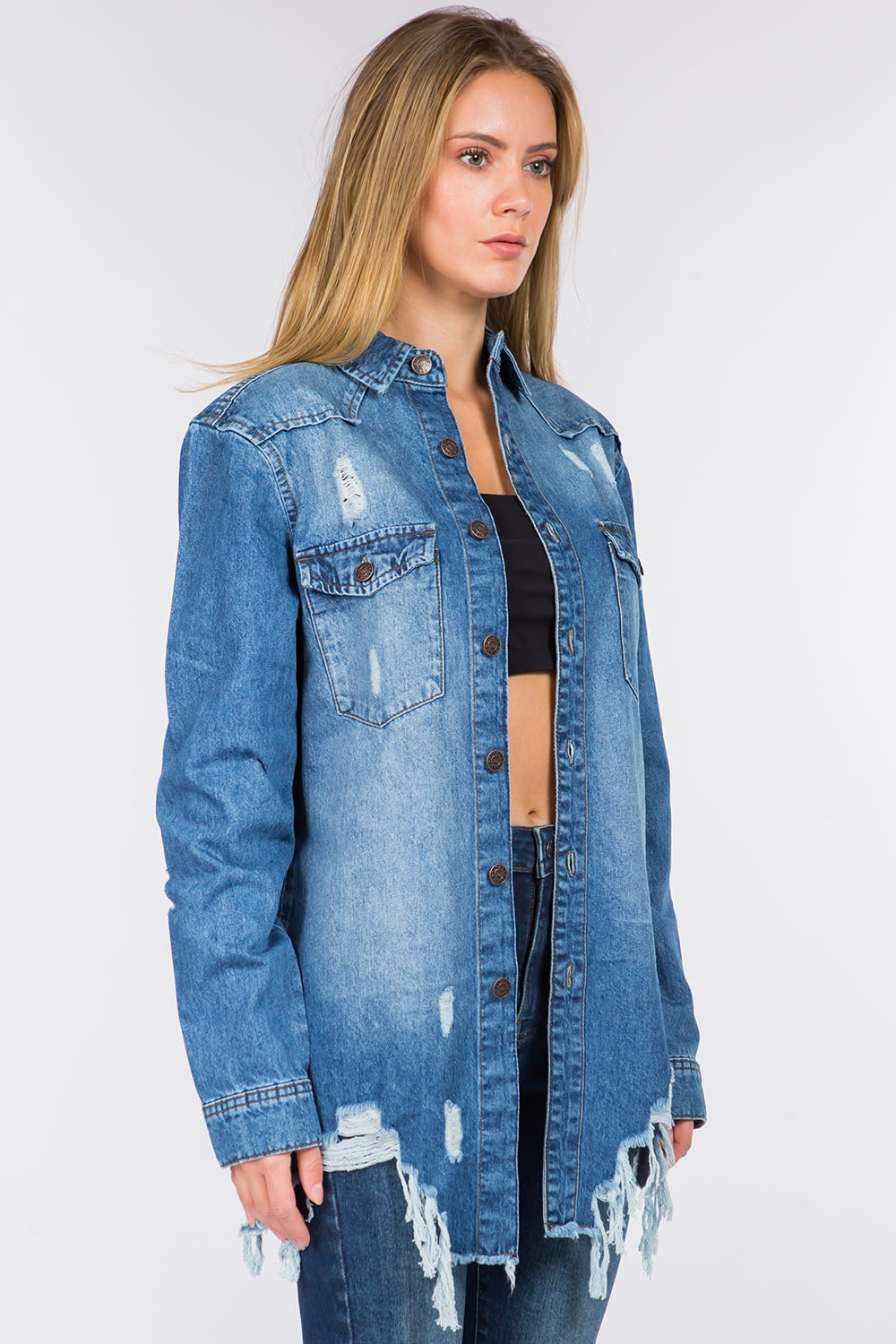 American Bazi Distressed Frayed Hem Denim Jacket 