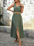 Perfee Decorative Button Slit Sleeveless Midi Dress Dresses