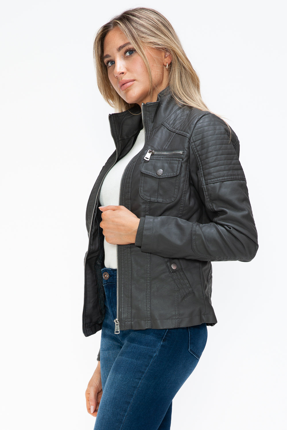 YMI Removable Faux Layered Multi-Pocket Jacket with Fuzzy Hood 