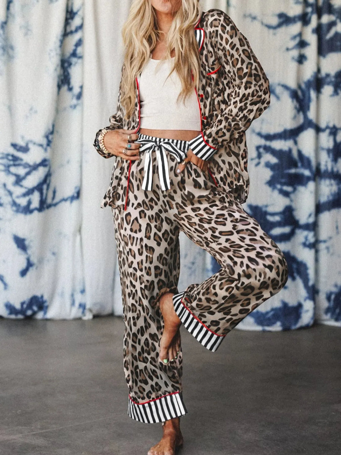 Leopard and Striped Trim Shirt and Pants Set Lingerie & Nightwear