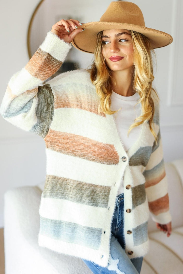 Haptics Full Size Button Down Stripe Soft Fuzzy Sweater Cardigan 
