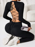 Lace-Up Back Round Neck Top and Leggings Active Set 