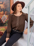 Plus Size Lace Detail Round Neck Long Sleeve Blouse 