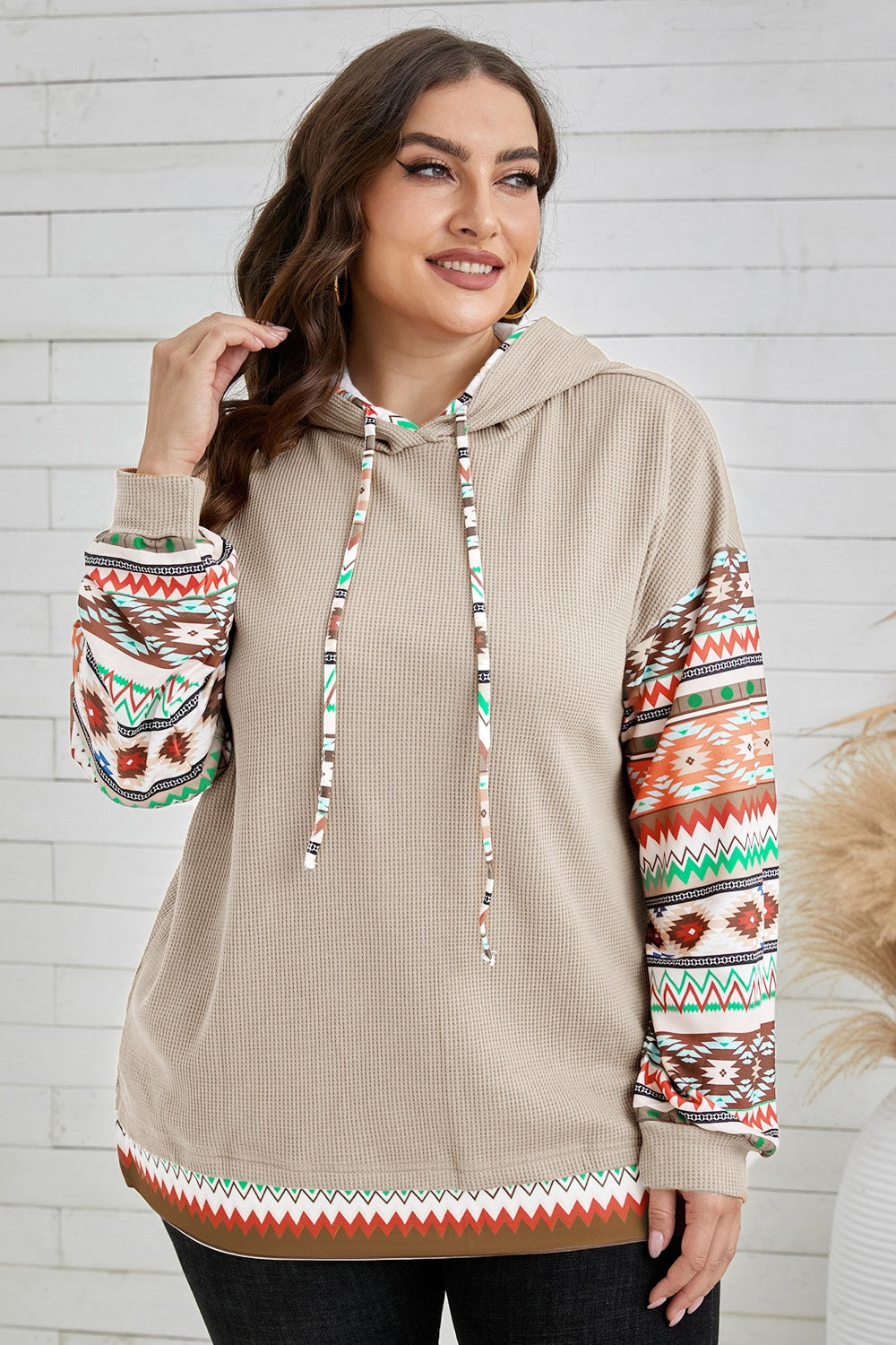 Plus Size Waffle-Knit Geometric Dropped Shoulder Hoodie 
