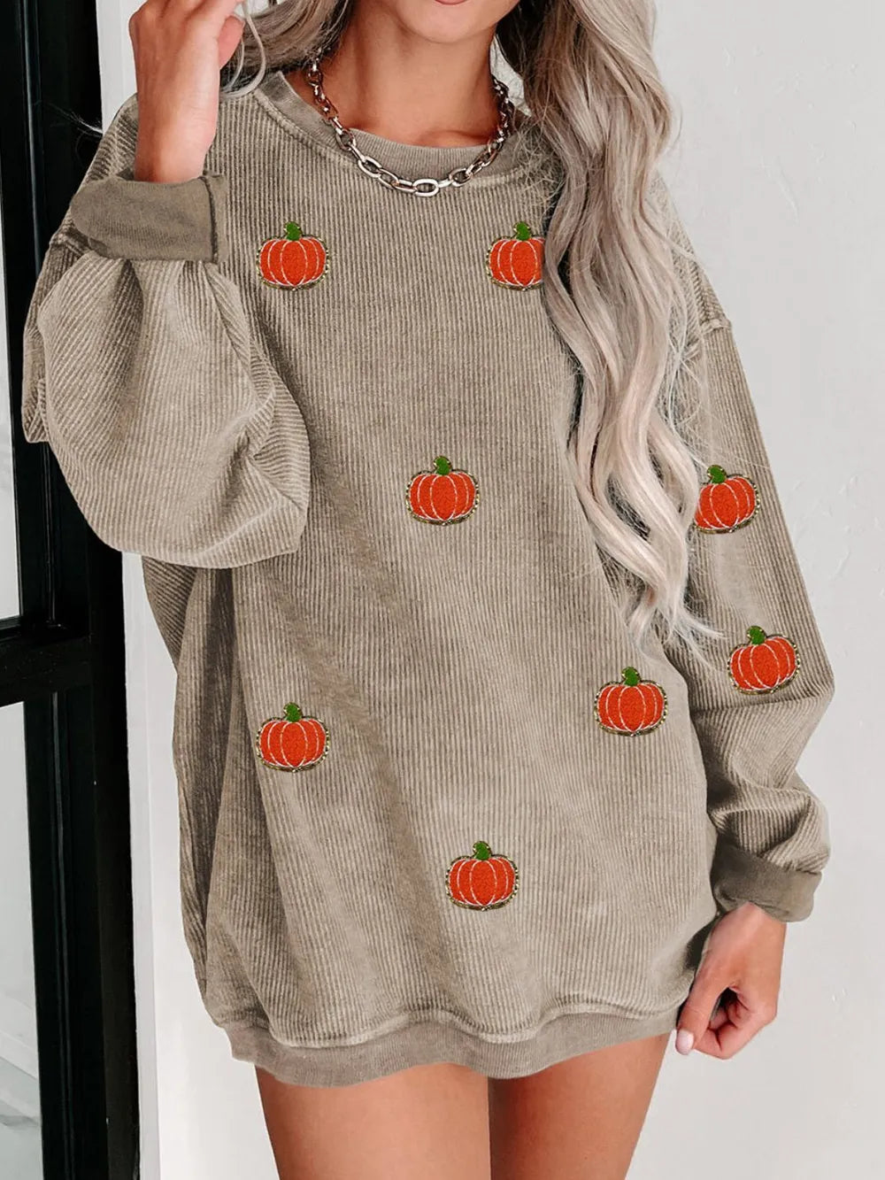 Pumpkin Round Neck Long Sleeve Sweatshirt 