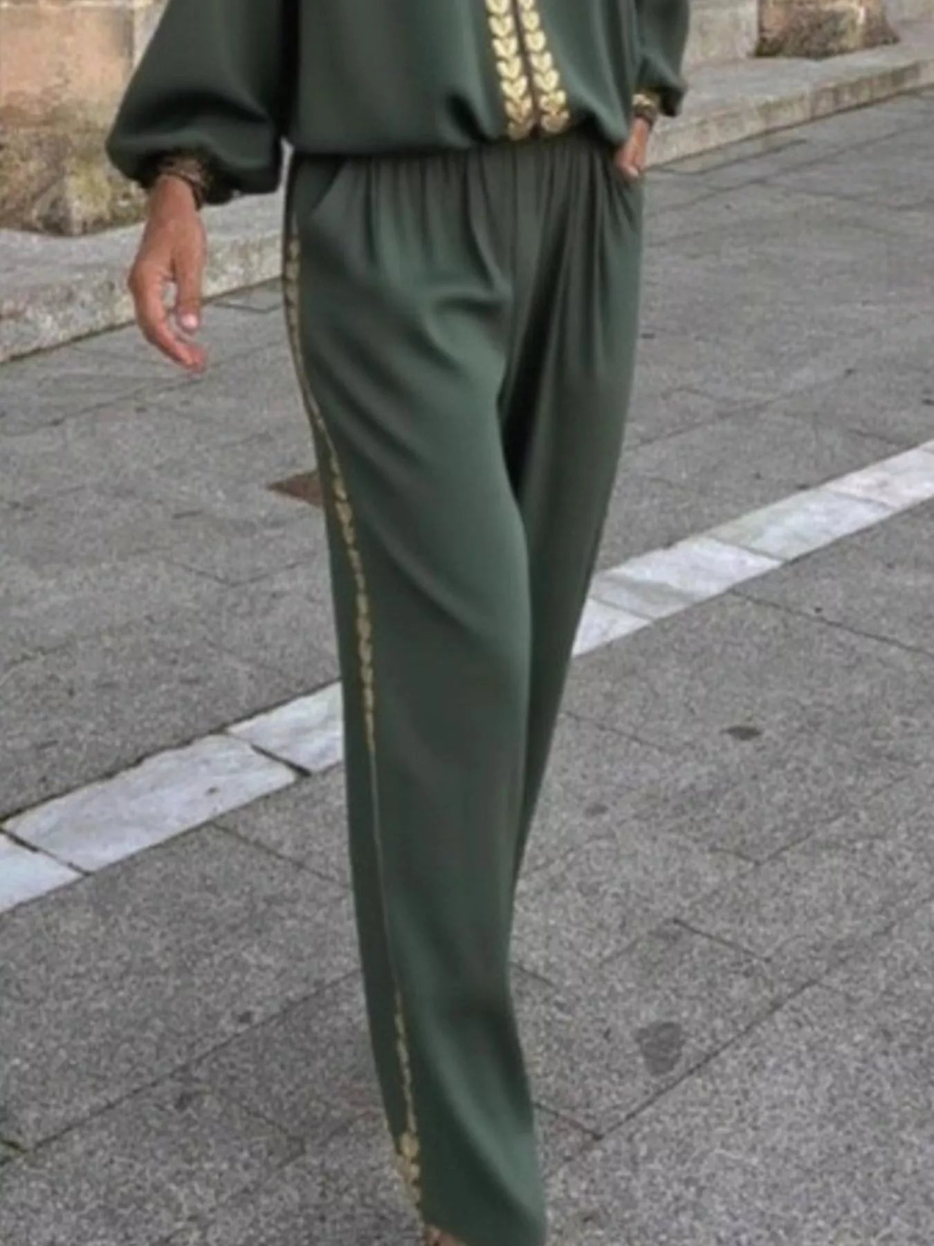 Full Size Contrast Trim V-Neck Top and Pants Set Plus Size 