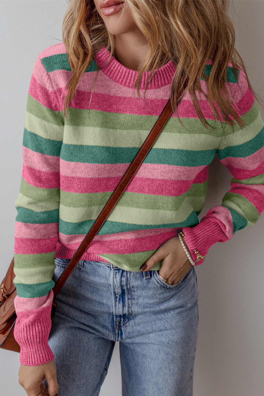 Gray Stripe Color Block Ribbed Edge Round Neck Sweater Sweaters & Cardigans/Sweaters
