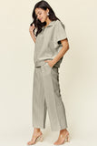 Double Take Full Size Texture Half Zip Short Sleeve Top and Pants Set 