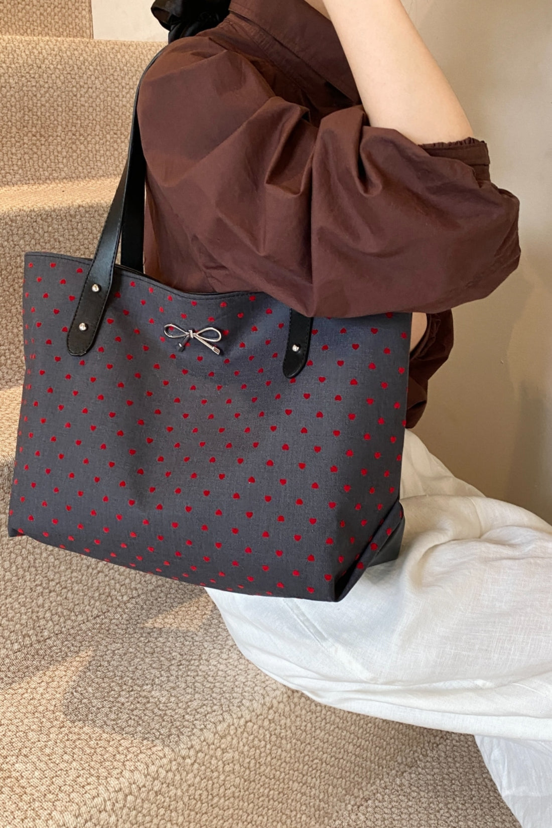Polyester Bow Polka Dot Tote Bag 