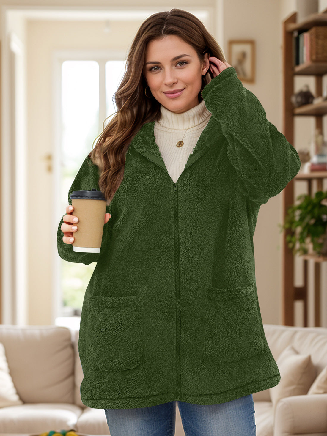 Plus Size Zip Up Long Sleeve Hooded Outerwear 