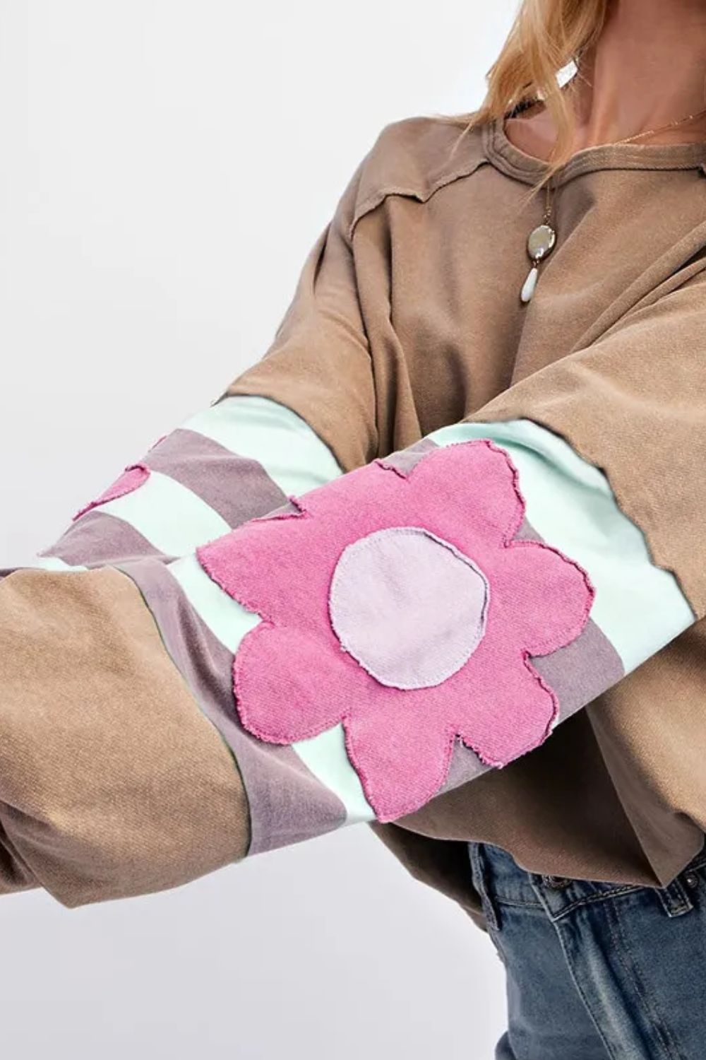 Plus Size Flower Round Neck Long Sleeve Blouse 