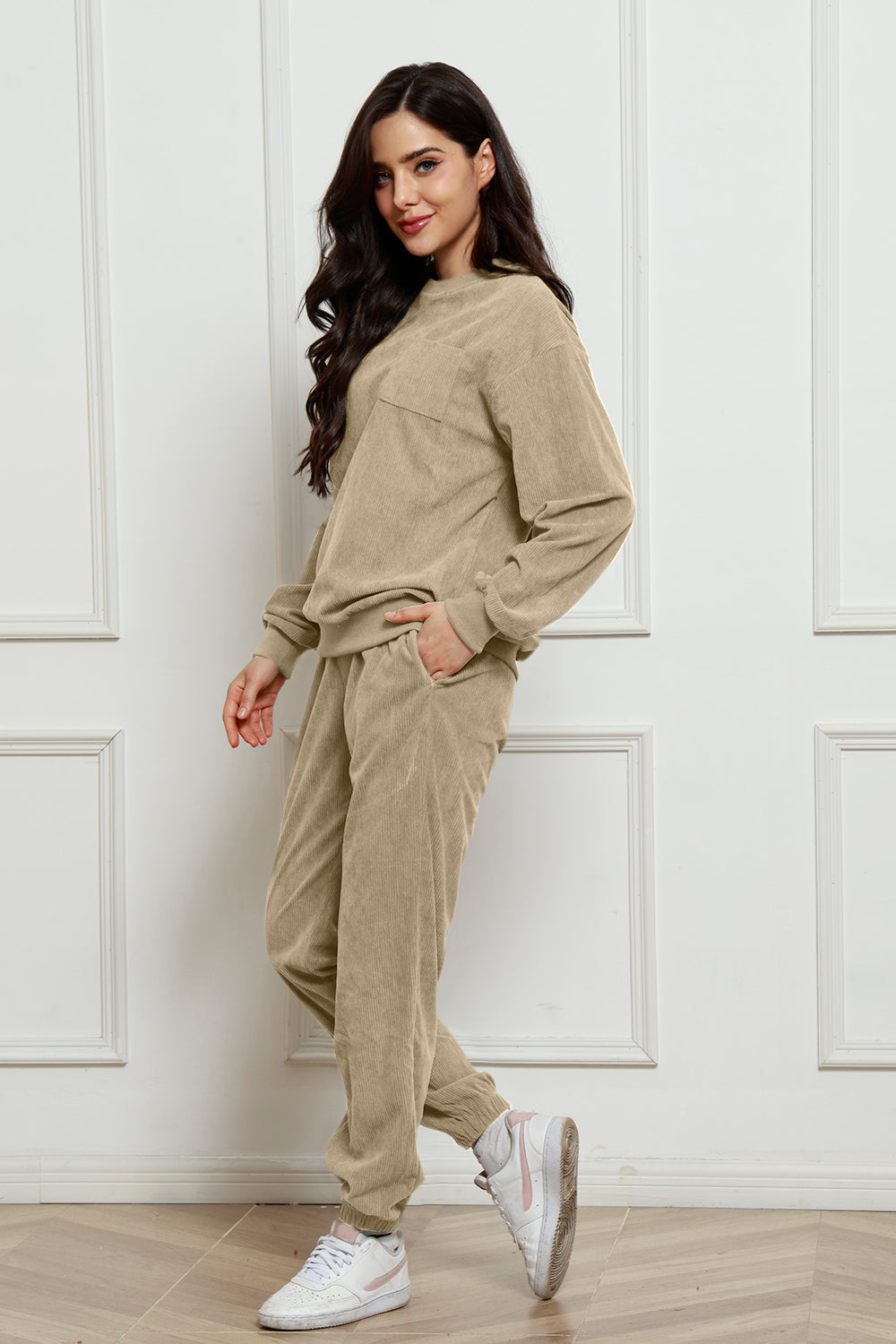 Corduroy Round Neck Sweatshirt and Sweatpants Set 