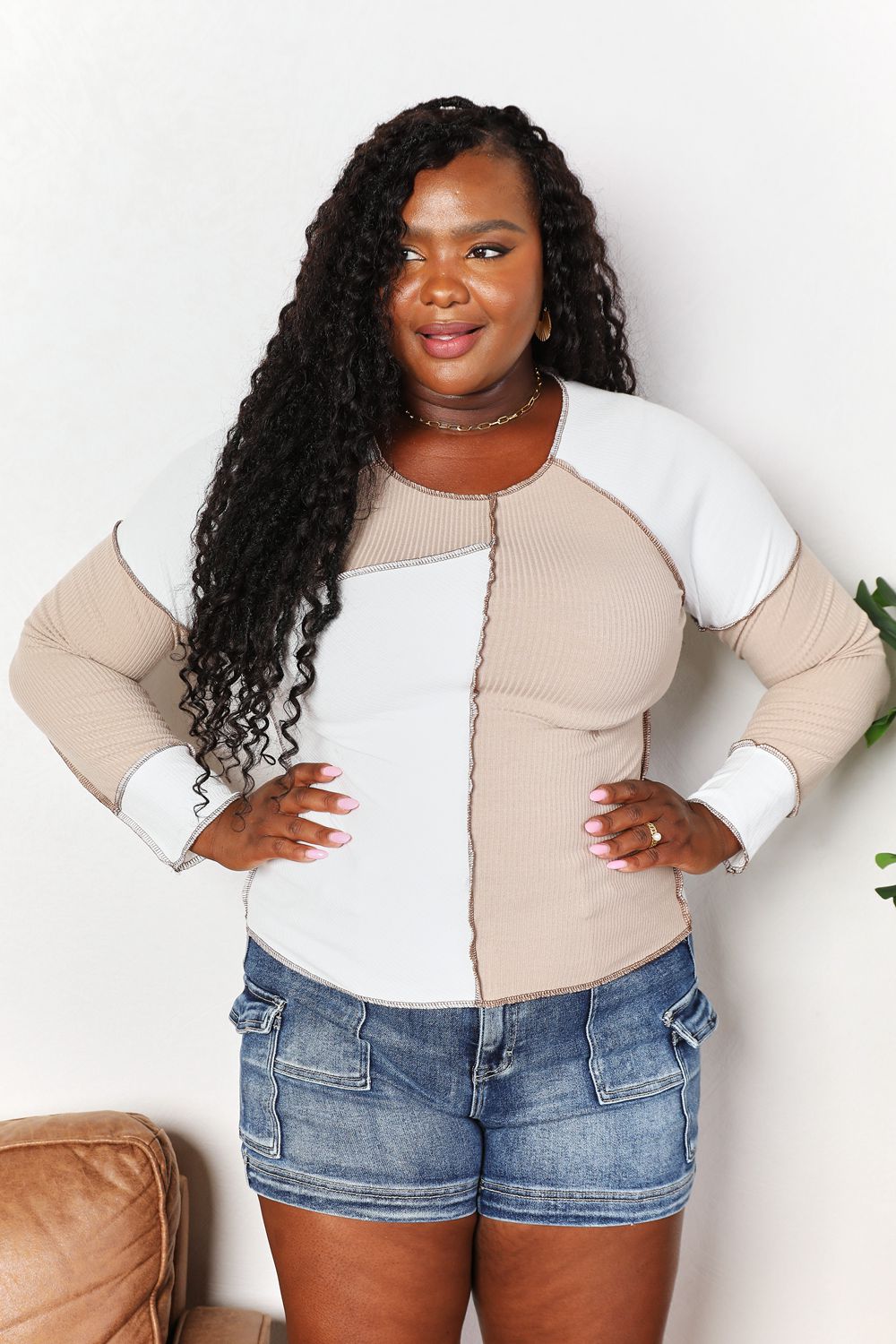 Double Take Color Block Exposed Seam Top 