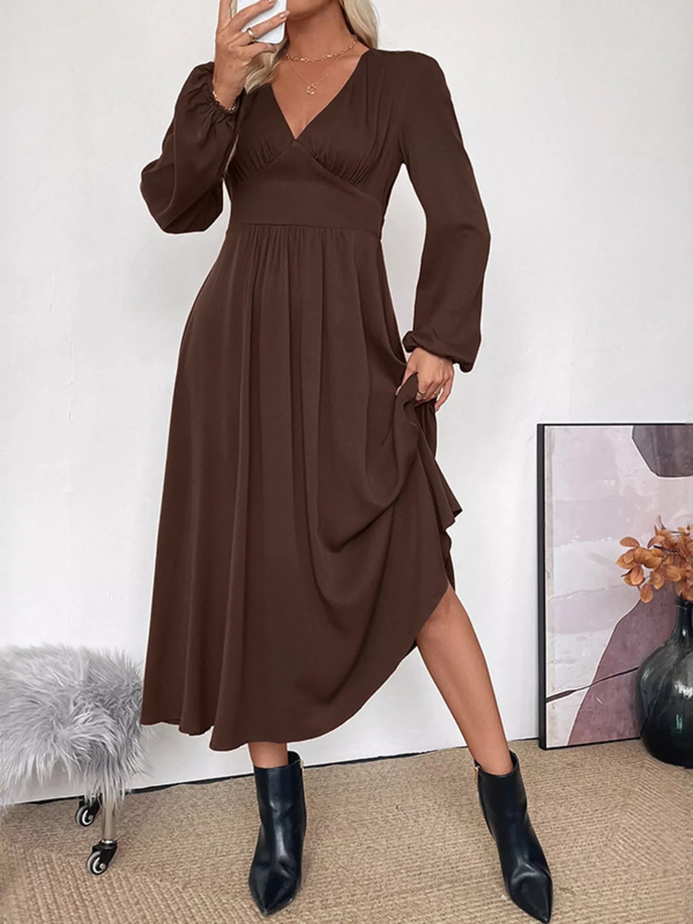 V-Neck Balloon Sleeve Midi Dress 