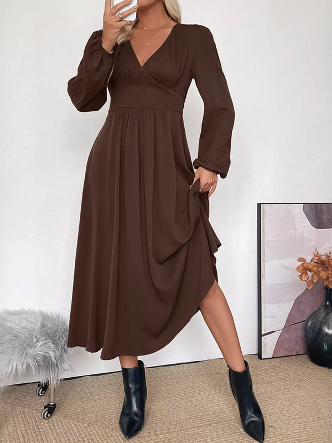 V-Neck Balloon Sleeve Midi Dress 